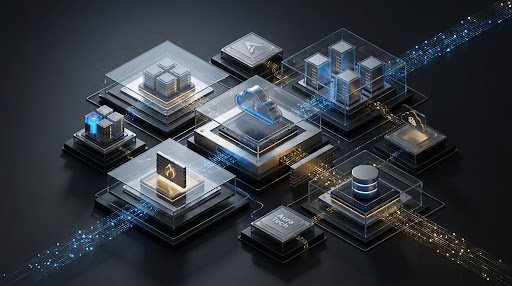 High-fidelity 3D website architecture illustration