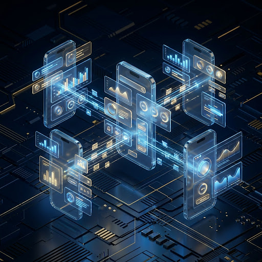 A cinematic, highly detailed 3D render of multiple transparent mobile phone interfaces floating in space, connected by glowing data streams. The aesthetic is dark mode corporate modern, featuring deep navy blues and bright cyan highlights, conveying complex enterprise mobile architecture and high-performance engineering.