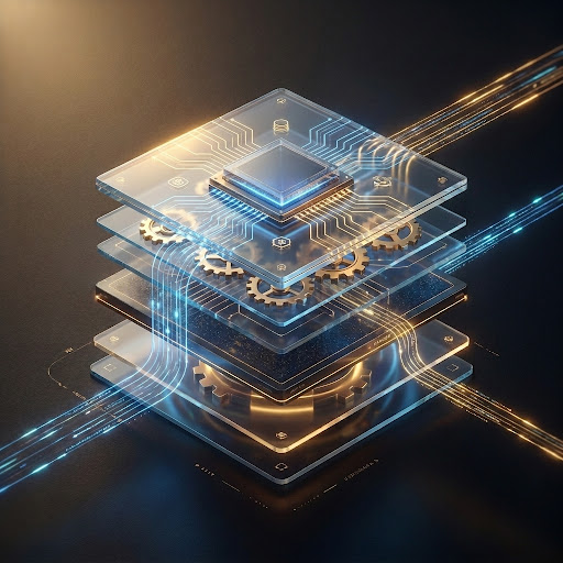 High-end 3D isometric illustration of a complex software ecosystem. Multiple layers of translucent glass panels representing different software modules, glowing data streams connecting them, golden gears and blue circuit patterns, cinematic lighting, dark background, premium B2B tech aesthetic.