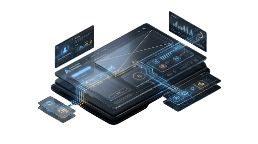 A highly detailed 3D isometric technical illustration of a futuristic software engineering workstation. The scene is rendered in a cinematic dark mode style with glassmorphic elements, glowing blue and gold data streams, and holographic interfaces floating above a sleek metallic desk. The mood is high-tech, professional, and sophisticated, perfectly capturing the concept of advanced bespoke software architecture.