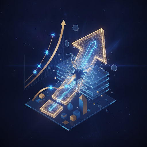 High-end 3D isometric illustration of a glowing growth arrow breaking through glass layers.